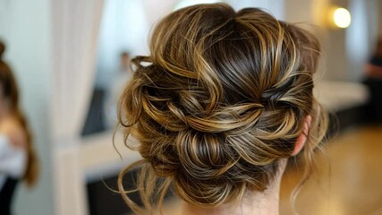 Close-up of a brown and golden updo hairstyle with intricate twists and subtle highlights. The soft lighting accentuates the texture of the hair, set against a blurred background for depth