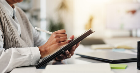 Hands, business and person on tablet in office for research, schedule update and post article....