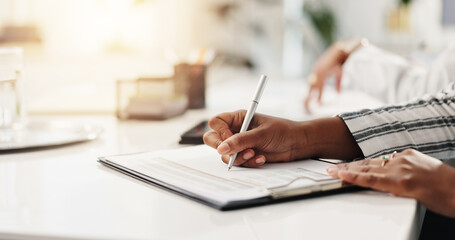 Employee, hands and notes for meeting, corporate and info for training seminar, secretary or...