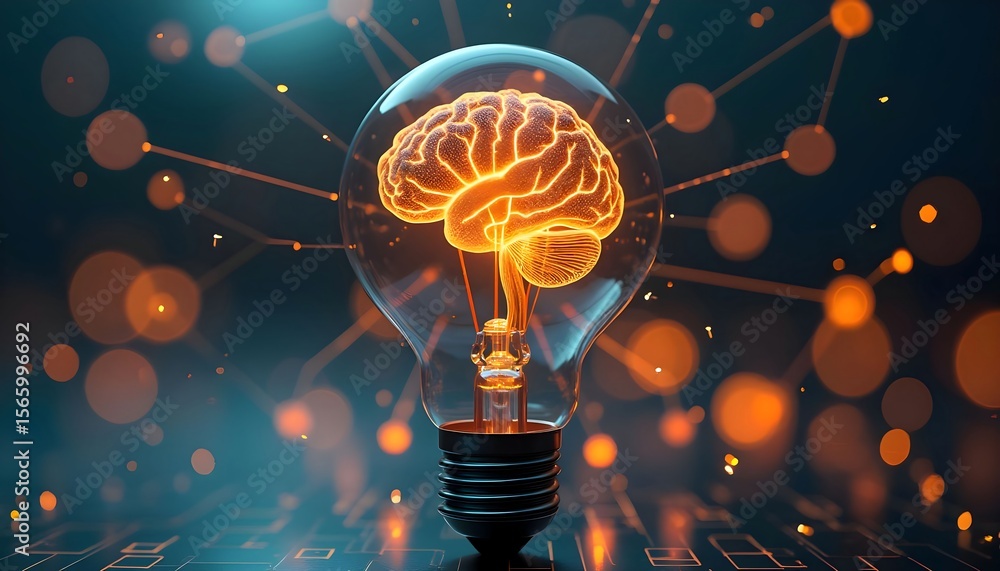 Poster brain power concept lightbulb idea innovation intelligence creativity thinking ai neural network tec