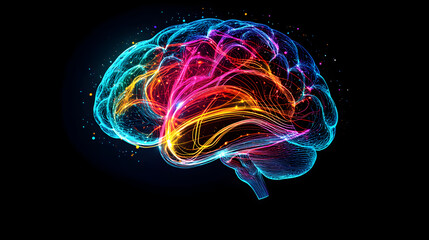 Obraz premium Stylized brain illustration featuring vivid, colorful lines highlighting neural pathways, symbolizing neurology concepts, brain connectivity, and the complexity of neural networks in neurosc47510386 4