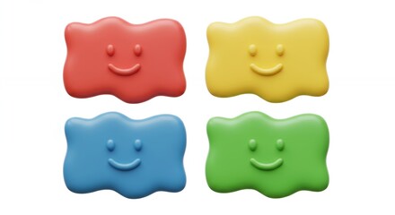 Four colorful rectangular shapes with happy faces