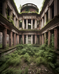 Fototapeta premium Overgrown Abandoned Building with Columns and Dense Vegetation