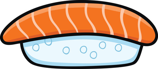 A colorful illustration of a piece of salmon sushi, ready to eat.