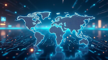 Digital glowing world map on a circuit board, concept of global network and communication