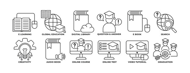 Icon Set of Education, E Learning, E Book, Global Education, Graduation, Q n A and more. Perfect for presentations, Website and app designs. Icon Outline Style.