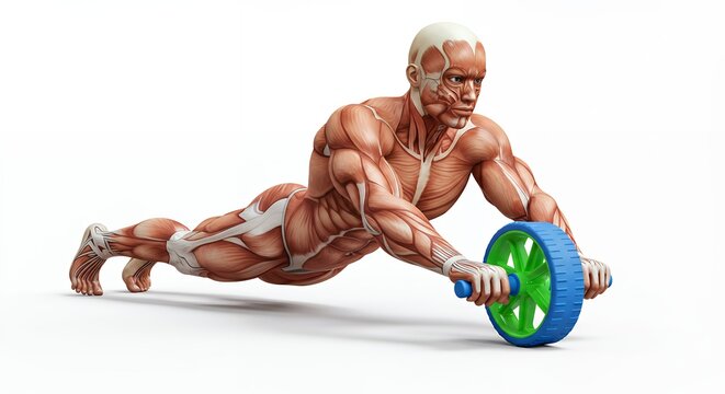 Man performing wheel exercise with detailed muscle anatomy