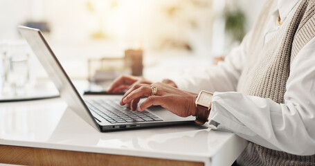 Hands, woman and typing on laptop in office for research, schedule update and post article. Female...