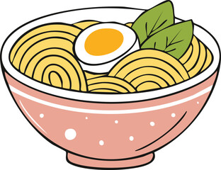 A cartoon illustration of a bowl of ramen noodles with an egg and basil.