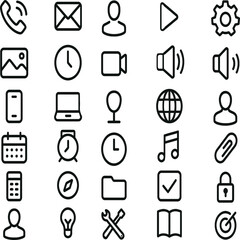 Set of outlined icons for interface elements and multimedia.