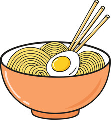 A bowl of ramen noodles topped with a soft-boiled egg, ready to eat with chopsticks.