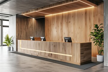 Clear Pixel Visual of Modern Office Reception with Wooden Walls and Concrete Floor