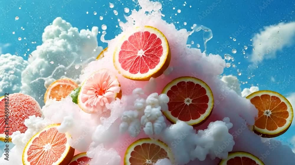 Poster the image showcases a vibrant arrangement of grapefruit slices, each displaying a spectrum of reds a