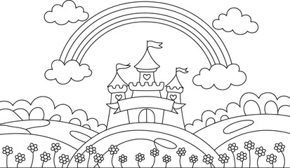 Magical Rainbow Castle on Hill Coloring Page with Flowers and Stars for Kids, Magical Castle Scene, Rainbow Fairy Castle, Cute Castle Coloring, Fantasy Land Drawing, Princess Castle Page