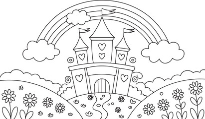 Magical Rainbow Castle on Hill Coloring Page with Flowers and Stars for Kids, Magical Castle Scene, Rainbow Fairy Castle, Cute Castle Coloring, Fantasy Land Drawing, Princess Castle Page