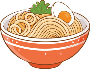 Cartoon illustration of a bowl of noodles with egg and garnish.