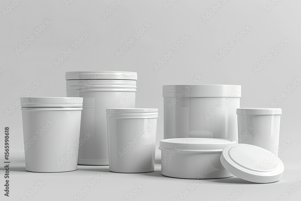 Poster a collection of containers with a white lid and a white container with a white lid