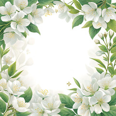 Naklejka premium “Clean background with a frame of white flowers and green leaves around the edges, soft light and spacious center for text” 