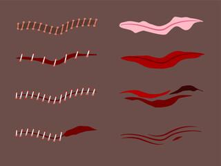 Human skin wounds including scratches scrapes abrasions vector illustrations on dark skin
