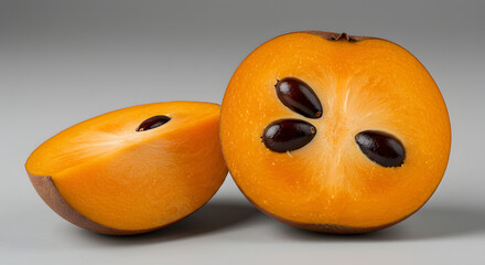 Sliced Sapodilla Fruit, Showing Flesh and Seeds, Isolated on Gray fruit