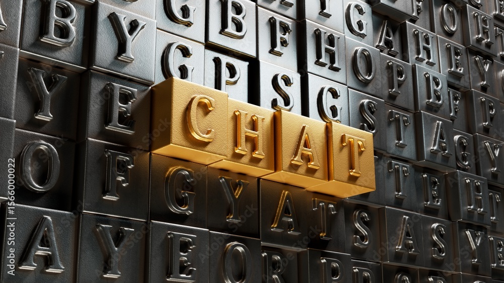 Poster Chat.Movable type printing spelling.Flat lay view from above on Movable type printing buttons.IT technology concept.3D rendering on gold background.