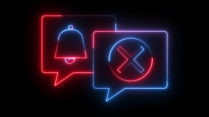 Message box warning icon animation glowing neon red and blue color notification bell message wrong cross attention speak chat ask question mark sign symbol on black background - Powered by Adobe