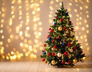 Festive Christmas Tree Decorated with Colorful Baubles and Light Bokeh