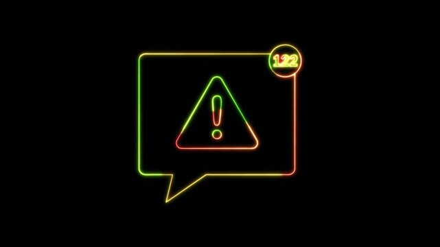 Message box warning icon animation glowing neon red and green color notification bell message wrong cross attention speak chat ask question mark sign symbol on black background