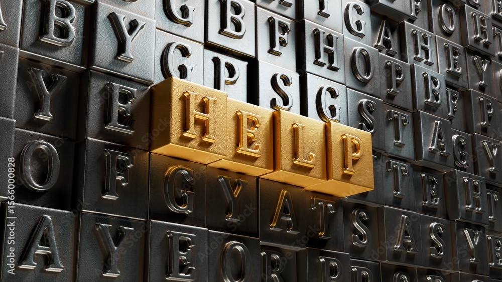 Poster help.Movable type printing spelling.Flat lay view from above on Movable type printing buttons.IT technology concept.3D rendering on gold background.