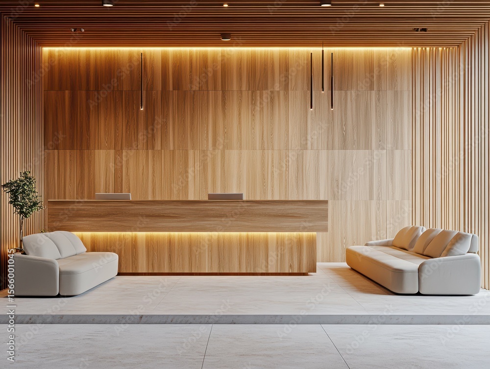Poster high resolution image of side view of reception desk and sofas wooden walls high detail