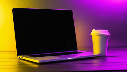 A laptop and a cup of coffee sit on a table illuminated by purple and yellow lights, creating a cozy atmosphere.