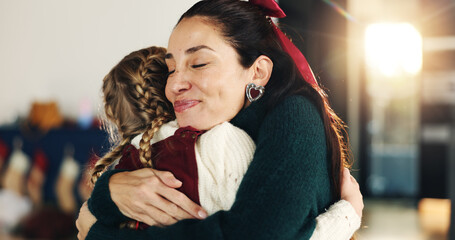 Christmas, happy or hug with mother and daughter in living room of home for celebration together....