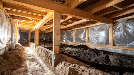 Dim crawl space featuring exposed wooden beams and dirt floor, showcasing typical structural conditions and highlighting urgent foundation repair and maintenance requirements in residential 71873164 1