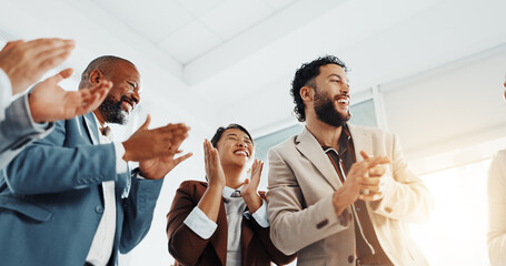 Clapping, success or excited business people in office for congratulations, seminar or celebration....