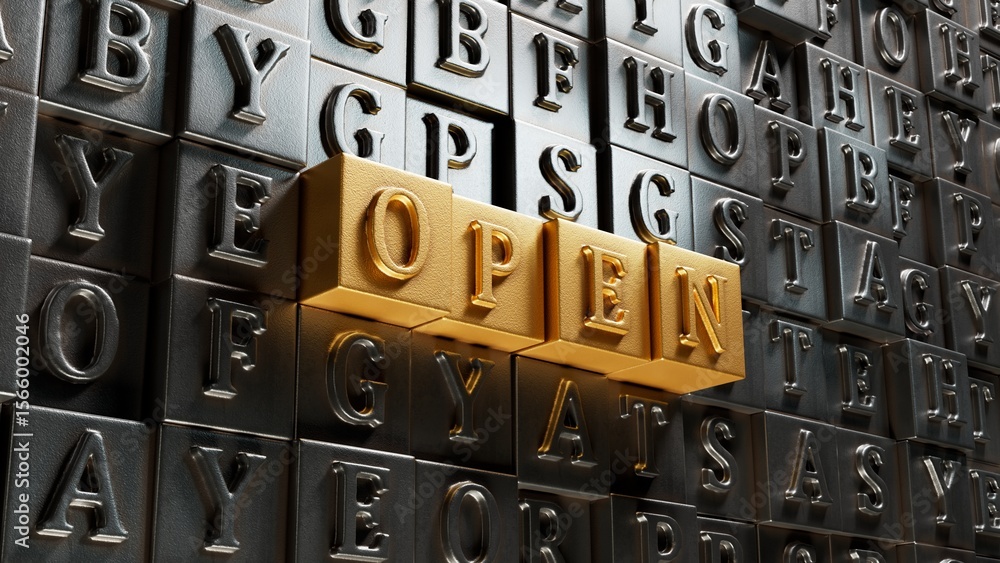 Poster Open.Movable type printing spelling.Flat lay view from above on gold background with Movable type printing buttons.IT technology concept.3D rendering on gold background.