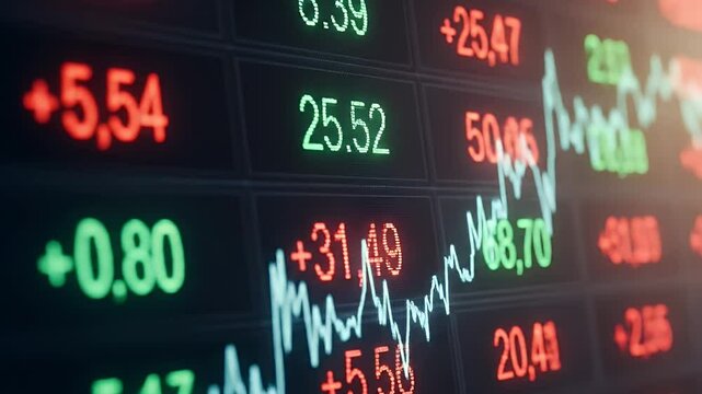 Closeup stock market display showing fluctuating numbers and lines representing market trends