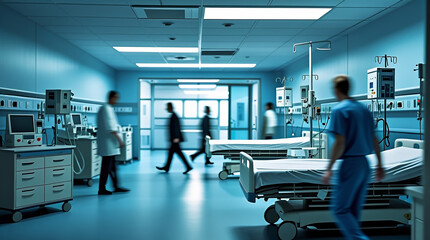 Inside a hospital room, individuals are walking around, attending to patients and interacting with each other.