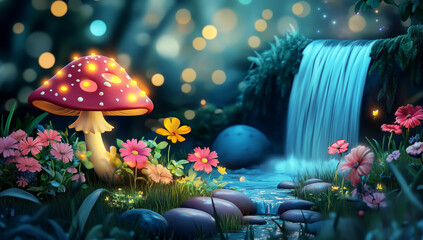 3D rendering of a cute, glowing mushroom, waterfall, and flowers in a garden at night with a light, bokeh background