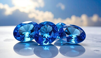 Polished Blue Topaz Ovals Displayed On A Reflective Surface With A Cloudy Sky Background