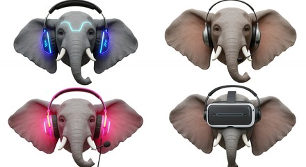 Elephant heads with headphones and vr headset