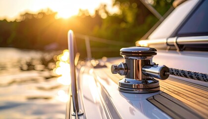 Polished Chrome Boat Cleat on White Hull in Golden Sunset Light
