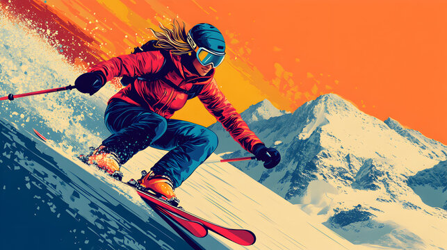 Bold vintage pop art poster of a woman skiing downhill, featuring vibrant colors, dynamic shapes, and retro graphic style that captures the excitement and energy of winter sports.  36937708 1