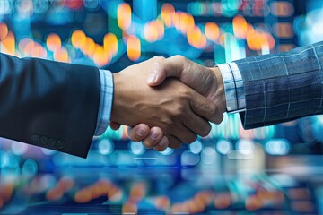 Detailed Color Picture of Business Handshake on Finance and Technology Prosperity
