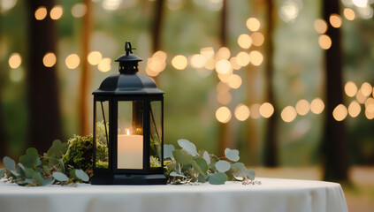 A black lantern with a candle is placed on the white tablecloth of an outdoor wedding in a forest, surrounded by green moss and eucalyptus leaves