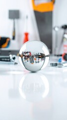 Polished Chrome Sphere Reflecting Workshop Tools and Equipment Against a White Background