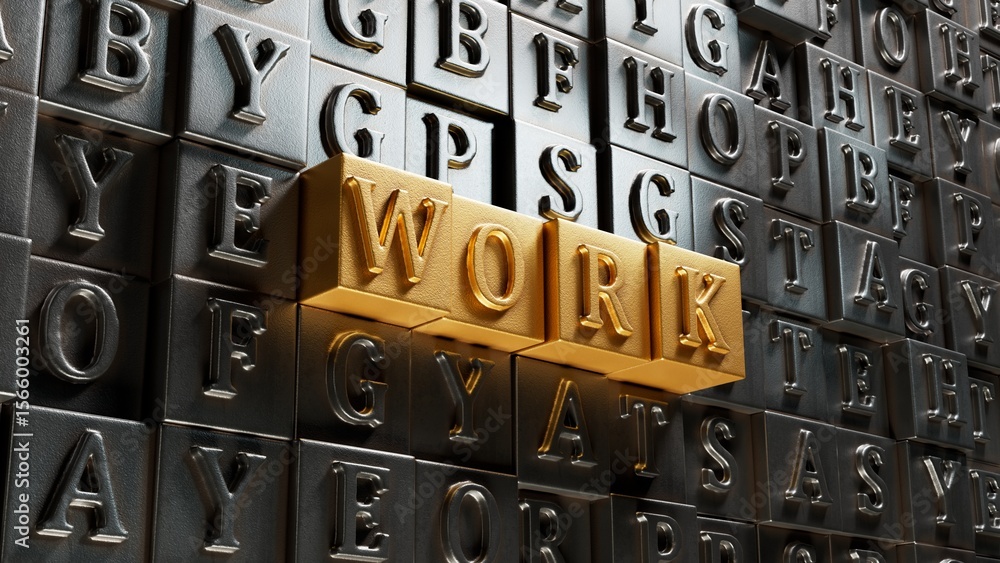 Poster word work. movable type printing with letters isolated on a laptop keyboard.close up of movable type