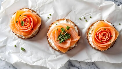 &ldquo;Salmon Rose Canap&eacute;s&rdquo; &ndash; small salmon rosettes atop crackers, overhead