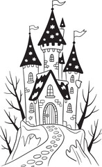 Fototapeta premium Spooky Haunted Castle on a Hill with Stars and Bare Trees Coloring Page, Haunted Castle Scene, Spooky Castle Page, Ghost Tower Drawing, Creepy Castle Coloring