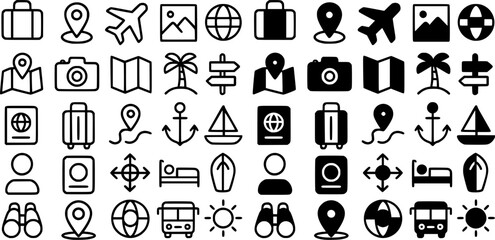 Minimal black outline travel navigation icon collection
