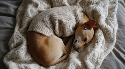 Dog lays flat on cozy blanket, embodying serene theme of comfort and warmth. This peaceful scene captures essence of relaxation